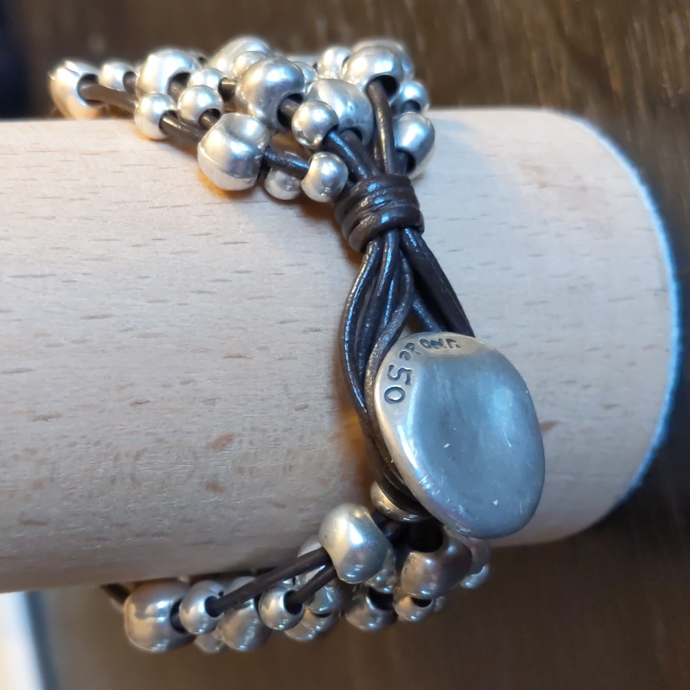 UNO. de 50 Silver Beaded & Brown Leather Bracelet - Picture 3 of 10